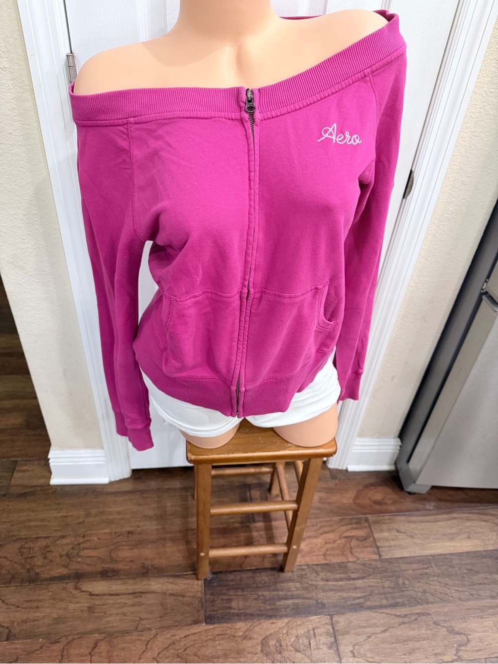 Aeropostale XL Pink Off Shoulder Zip Hoodie Y2K Style Barbiecore Aero Sweatshirt
